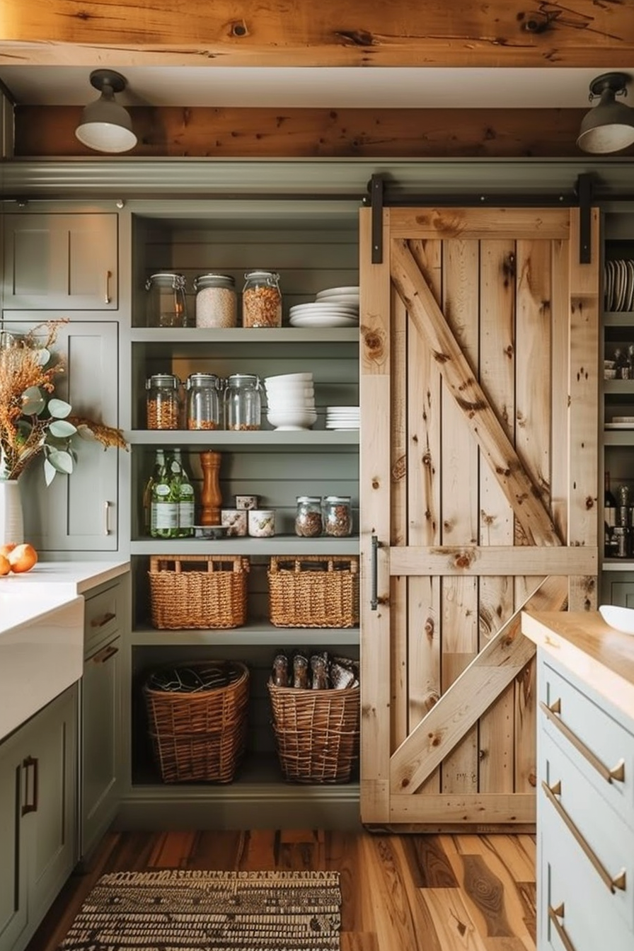 Cozy pantry with wooden sliding barn door, gray shelves stocked with jars, plates, and baskets, under warm lighting.