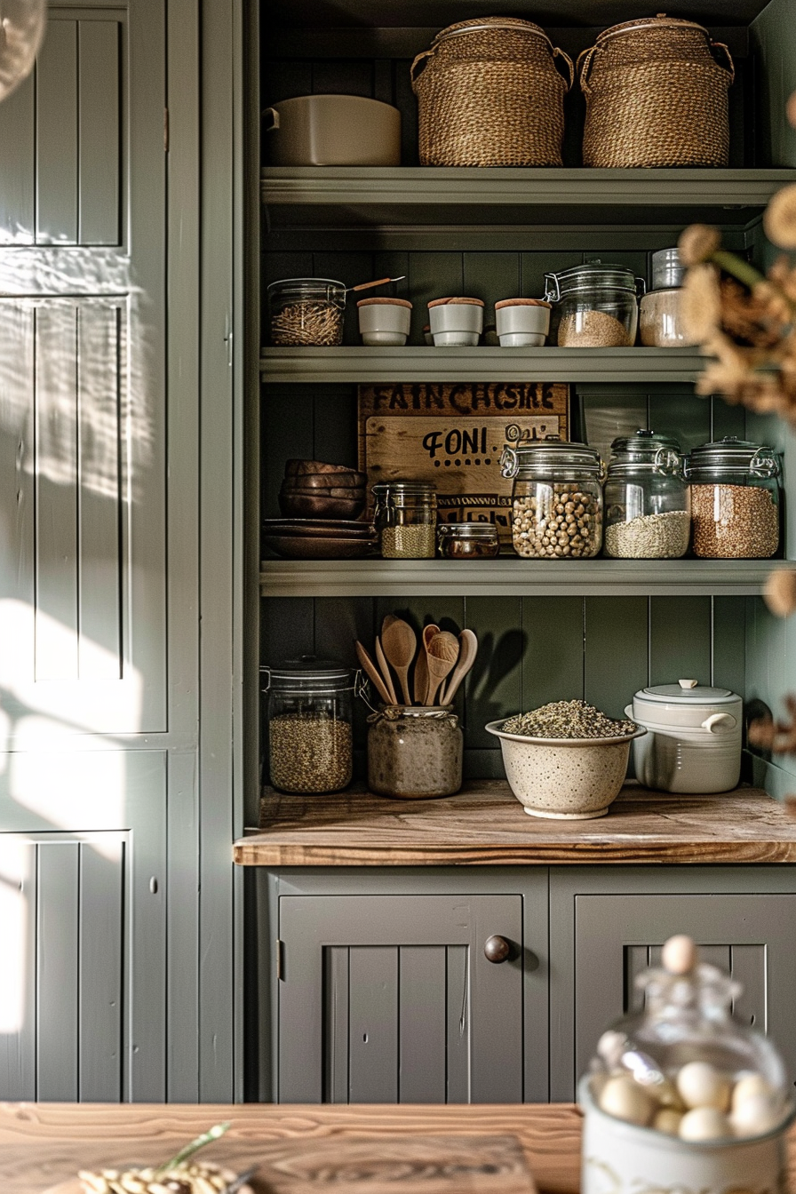 ALT text: A cozy kitchen pantry with open shelves displaying assorted jars, bowls, wooden utensils, and woven baskets in a warm, sunlit space.