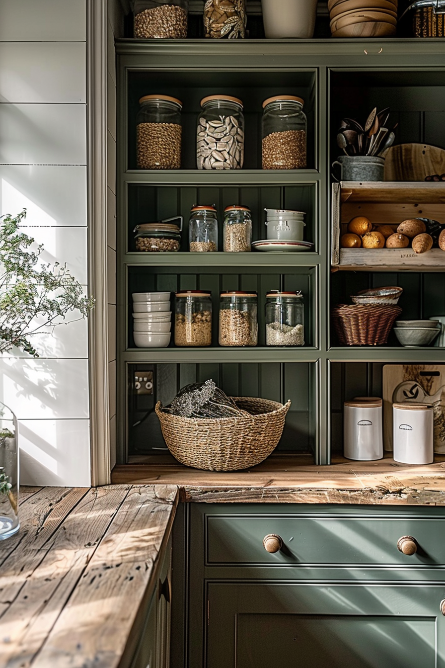 A cozy kitchen corner with open shelving filled with glass jars of dry goods and wooden utensils, all above a rustic wooden countertop.