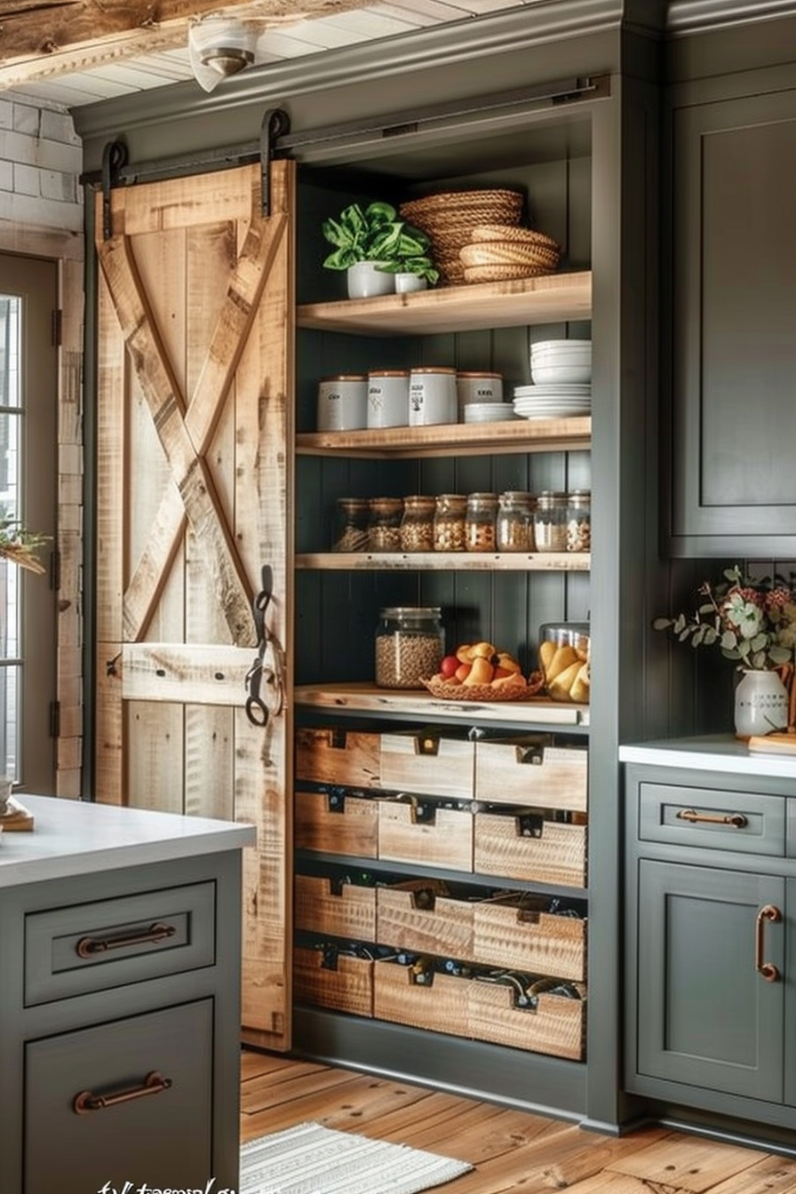 Rustic pantry with barn door, wooden shelves holding baskets, jars, and dinnerware in a kitchen with gray cabinets.