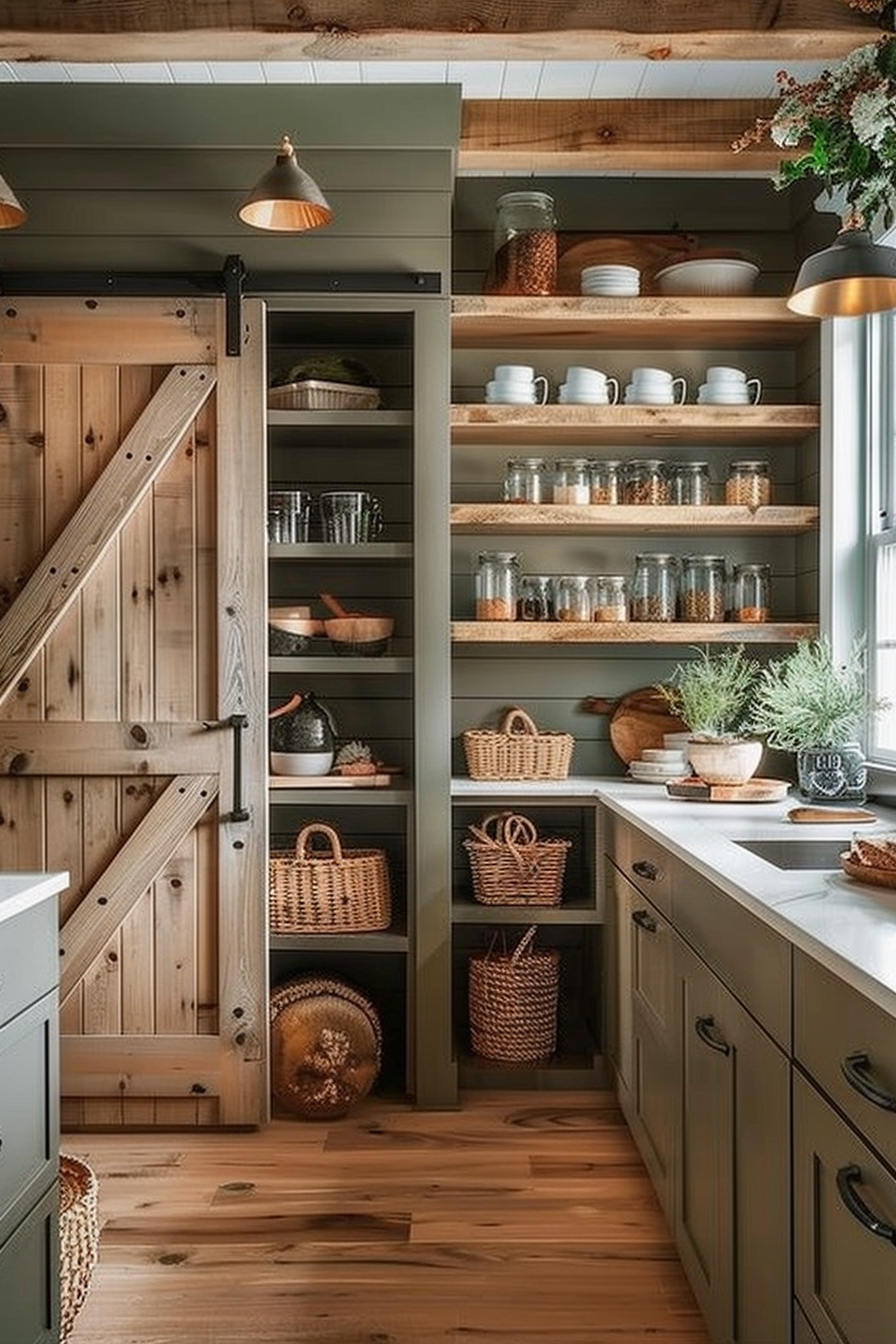 ALT: A cozy kitchen pantry with wooden shelves, stocked with jars and dishes, and a sliding barn door, featuring warm lighting and woven baskets.