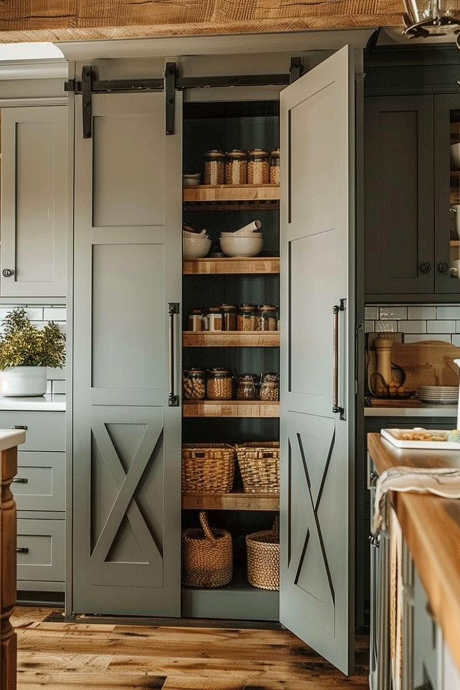 A stylish pantry with sliding barn doors open to reveal wooden shelves stocked with jars and baskets in a cozy kitchen setting.