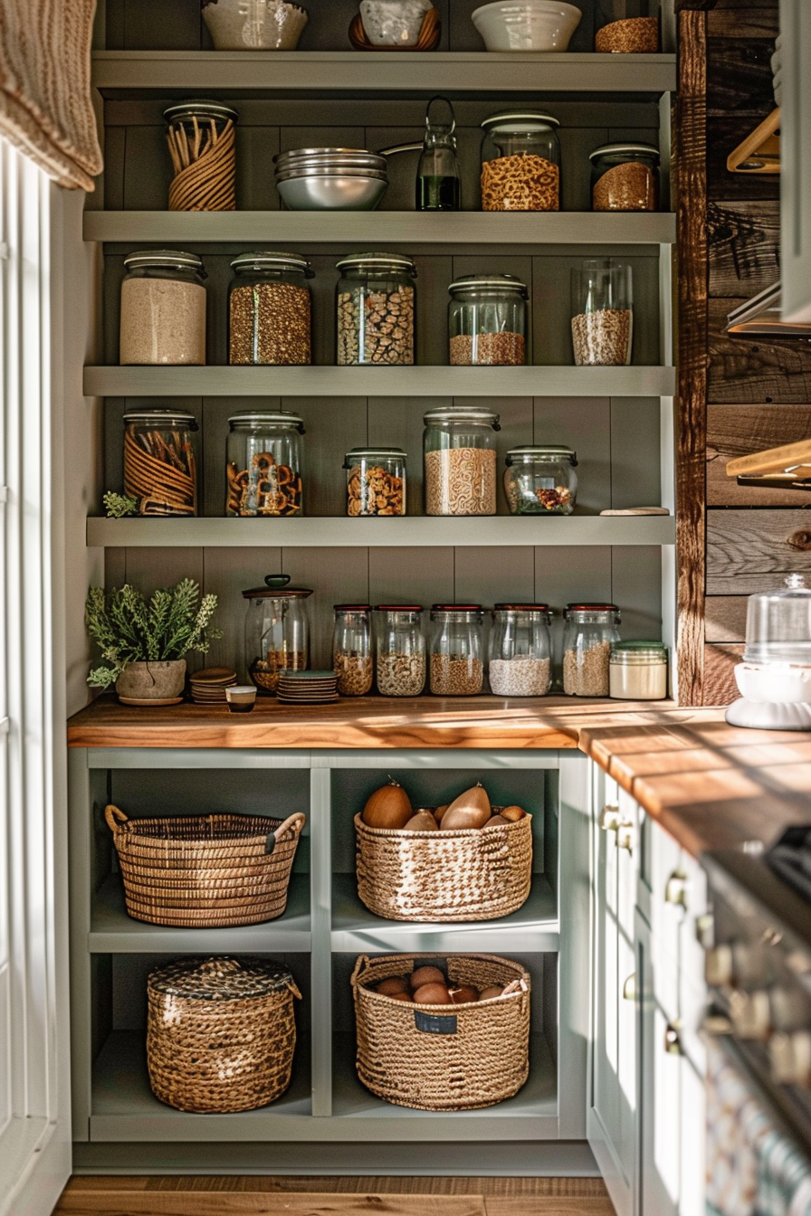 A well-organized pantry with glass jars of dry goods, wicker baskets, and wooden shelves filled with kitchen essentials.