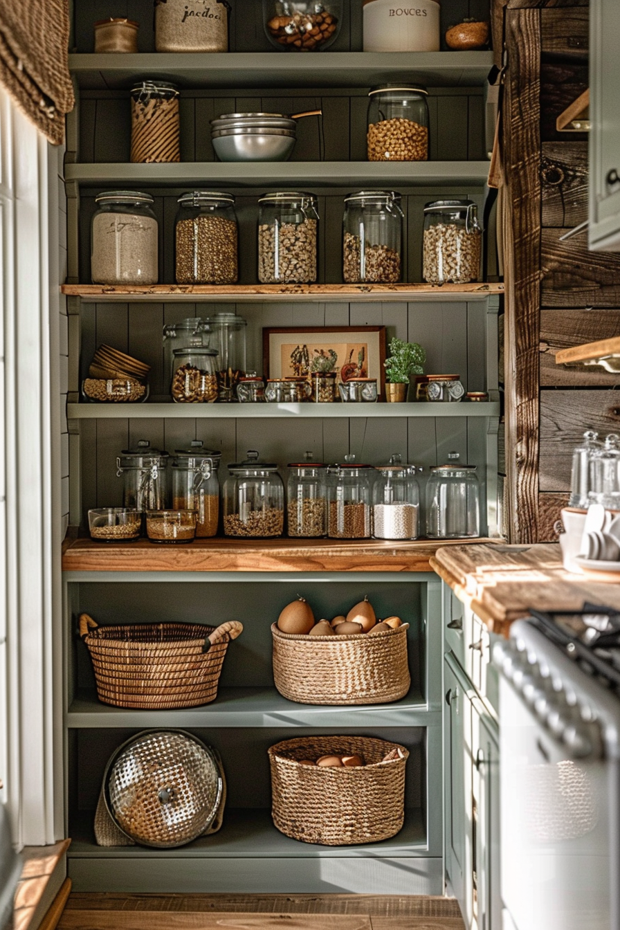 ALT: A cozy pantry shelving unit with glass jars filled with various dry foods, wicker baskets, and some kitchen utensils, in warm lighting.