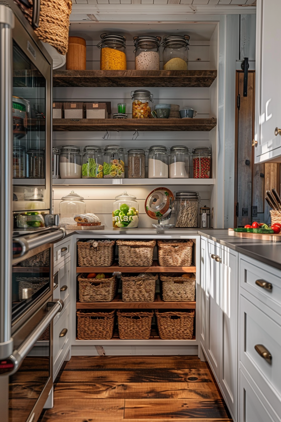 ALT: A well-organized pantry with wooden shelves stocked with glass jars of dry goods and woven baskets, and a white cabinet with drawers.