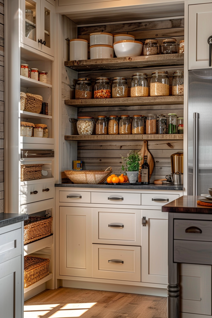 Open pantry shelves in a cozy kitchen filled with jars of dry goods, wicker baskets, and fresh produce, bathed in sunlight.