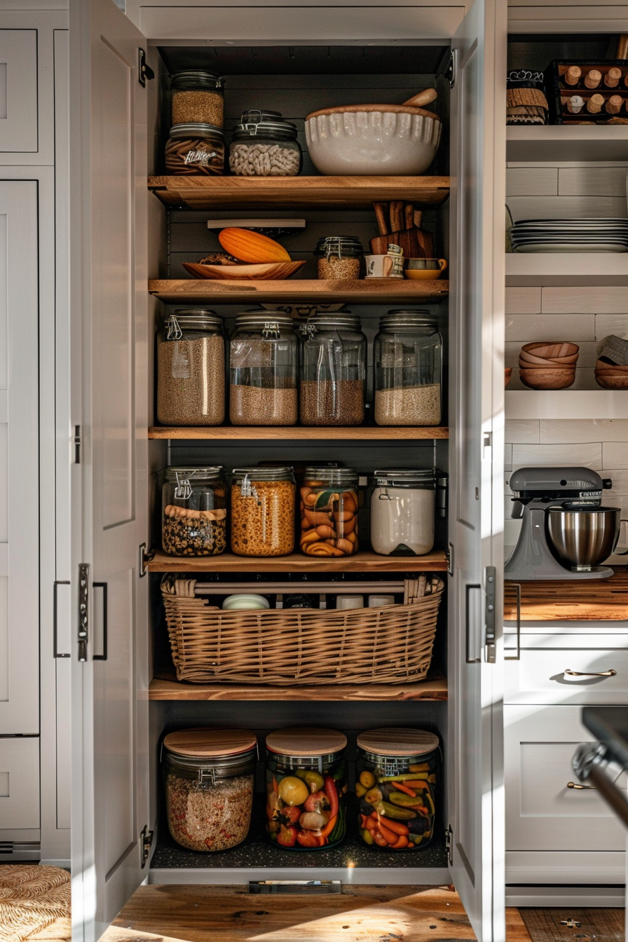 ALT Text: "Well-organized pantry with clear jars of grains, baskets of bread, and kitchenware on wooden shelves, adjacent to a kitchen mixer."