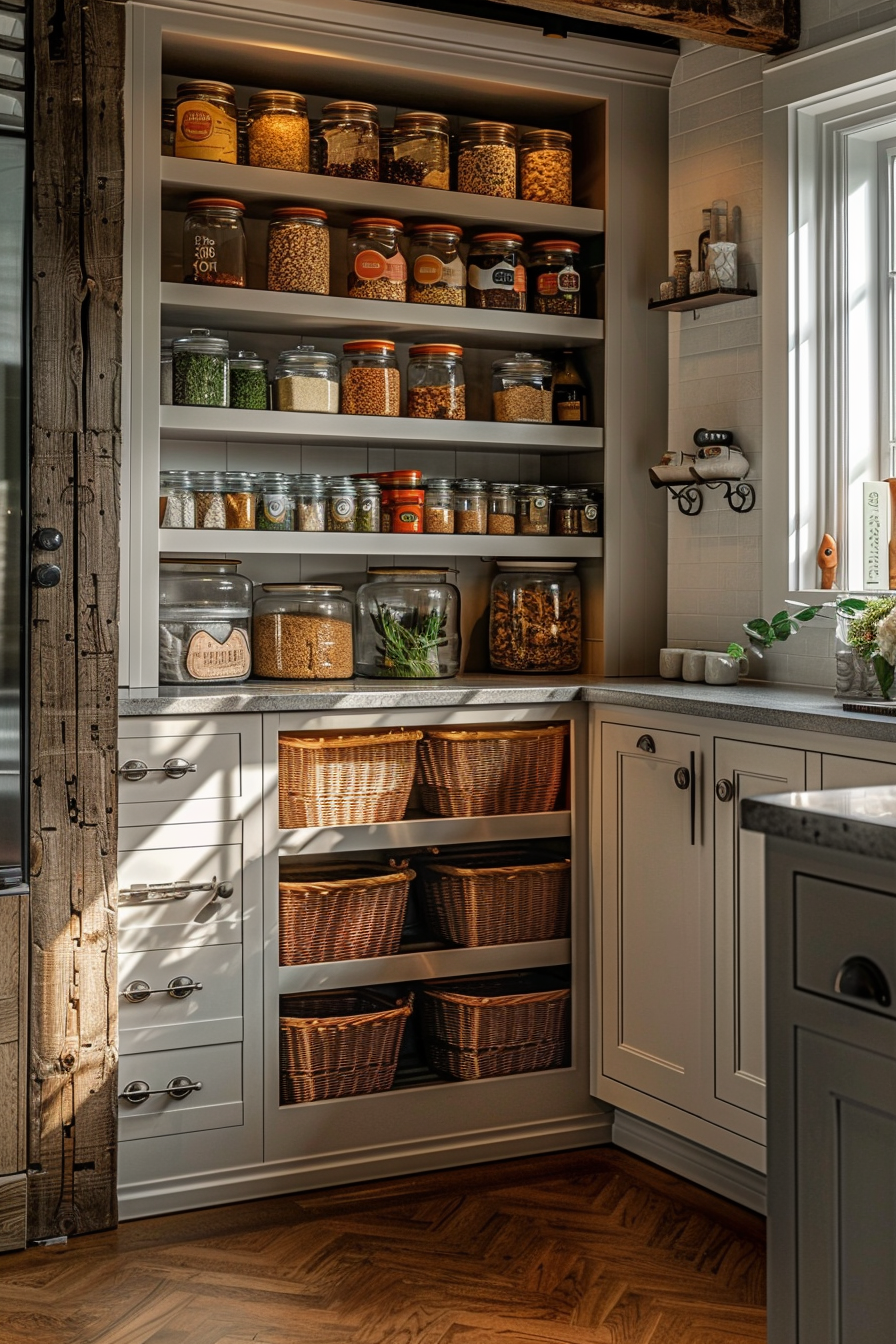 ALT text: A cozy kitchen pantry with organized shelves full of labeled jars and wicker baskets under warm lighting.