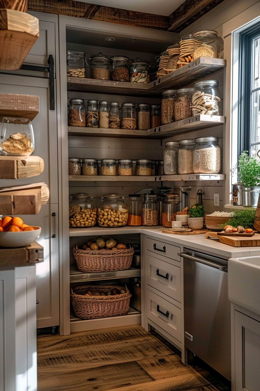 Well-organized pantry with wooden shelves full of glass jars containing various dry foods, wicker baskets, and a view of a kitchen countertop.