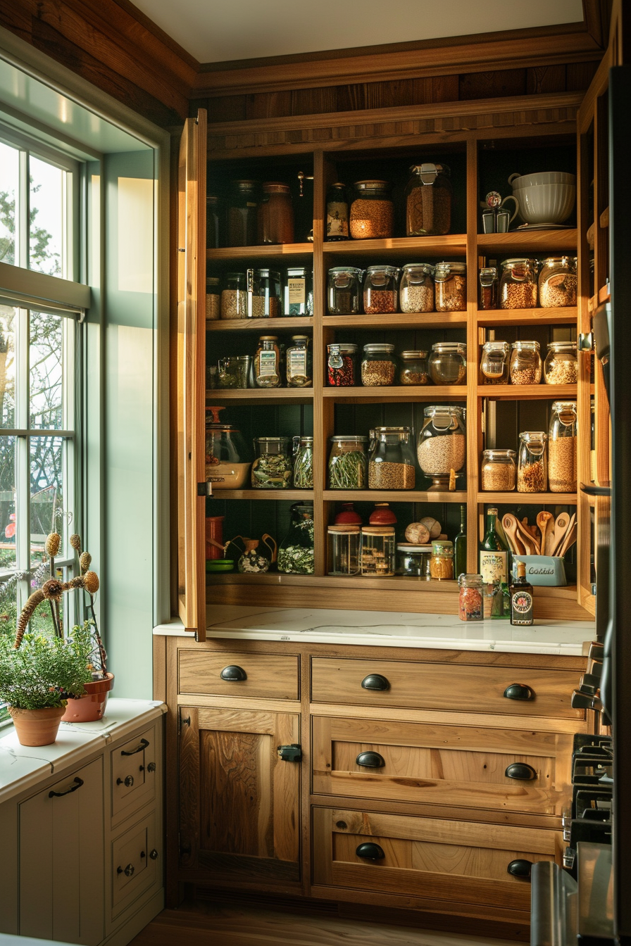 A cozy, well-organized kitchen pantry with shelves stocked with jars of dry goods, beside wooden drawers and cabinets, near a window.