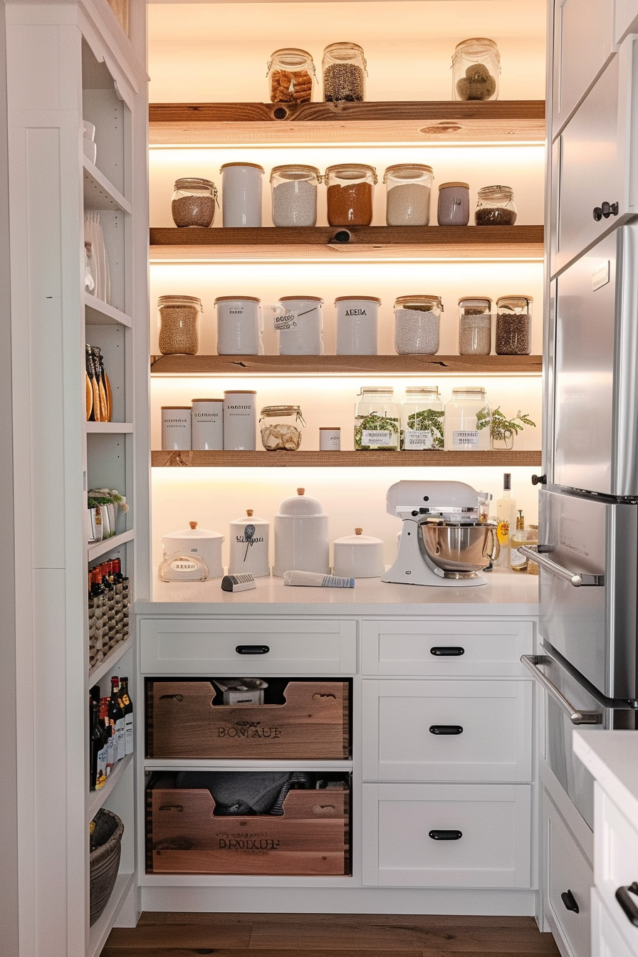 A well-organized kitchen pantry with labeled jars on wooden shelves, a stand mixer, and drawers with bottles and utensils.