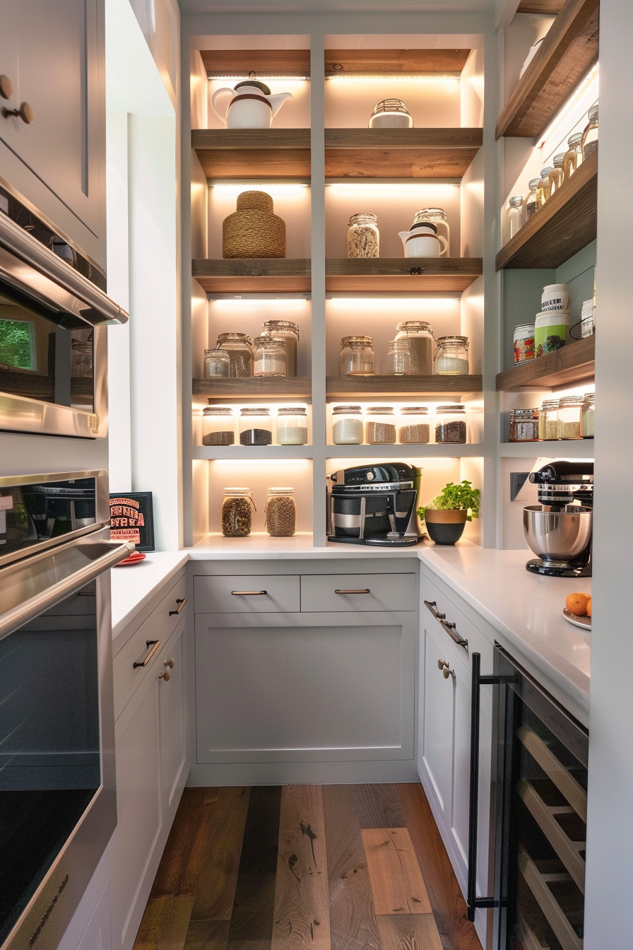 Modern kitchen pantry with wooden shelves illuminated by LED lights, neatly organized with jars and kitchen appliances.