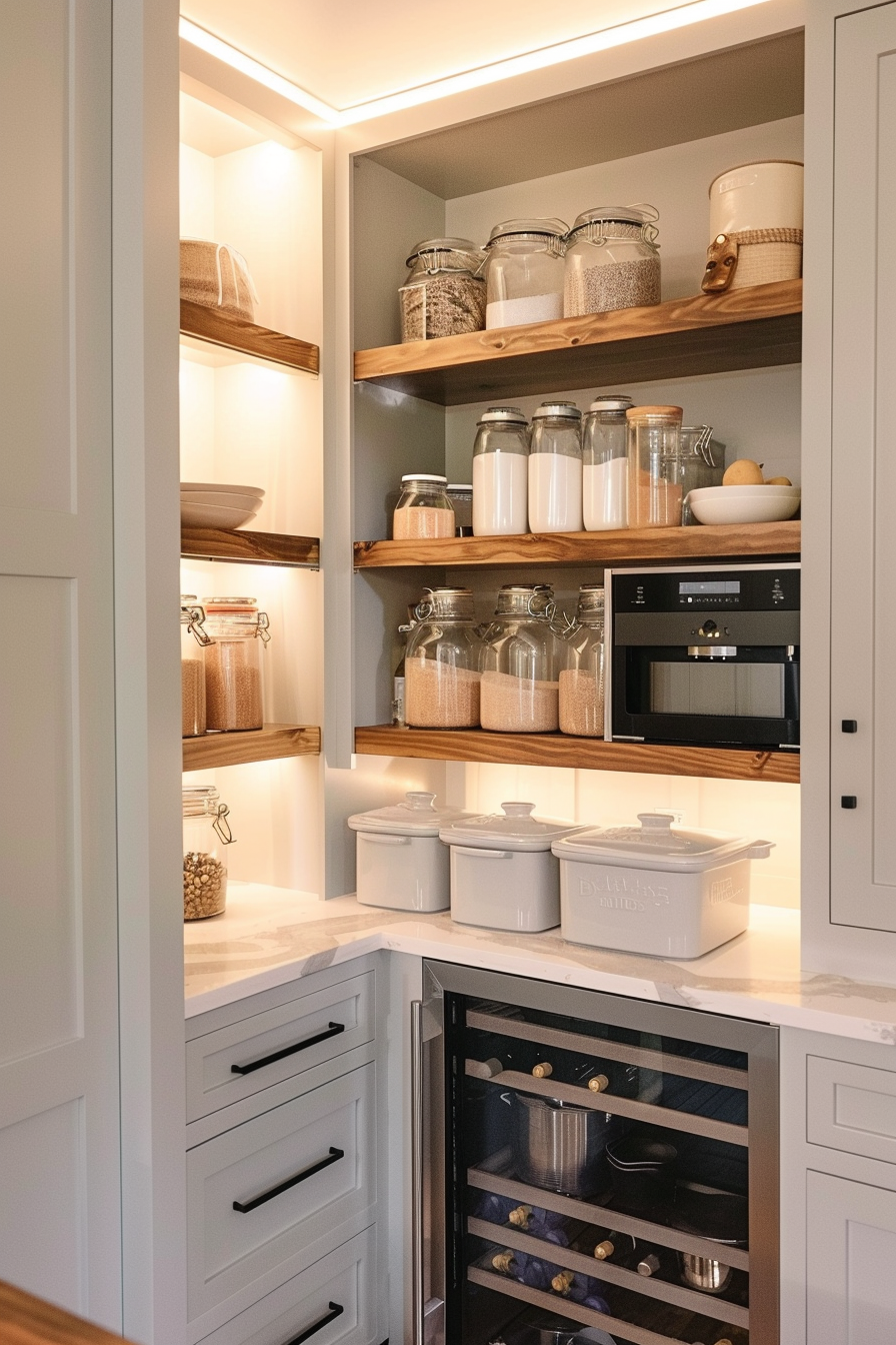 Modern kitchen pantry with wooden shelves, glass jars, white canisters, built-in oven, and wine cooler.