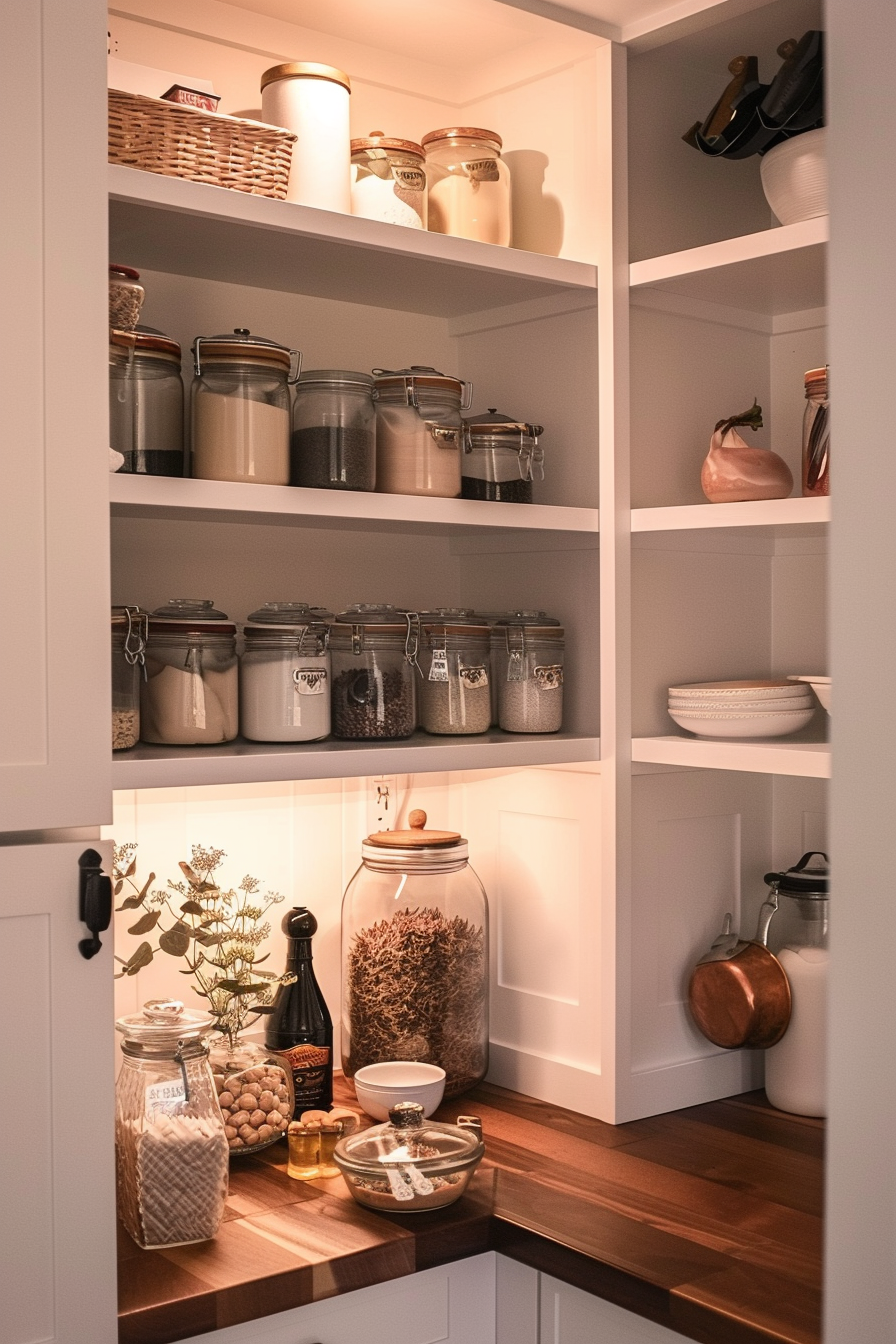 ALT: A cozy pantry with neatly organized shelves, featuring jars of dry goods, plates, and a warm wooden countertop with spices and oils.