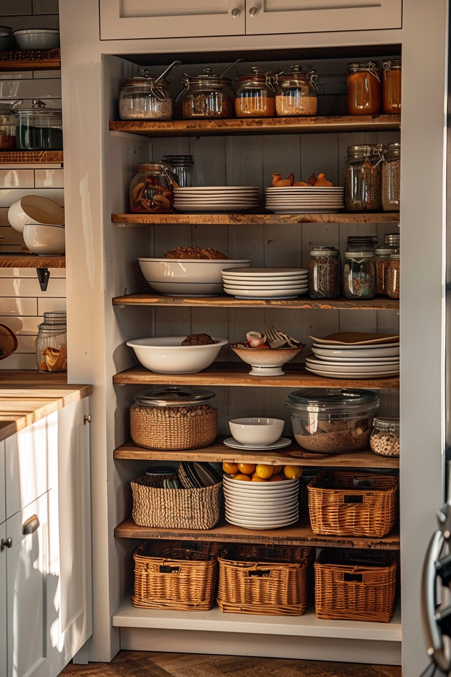 A cozy pantry with wooden shelves stocked with glass jars of dry goods, white dishware, and woven baskets.