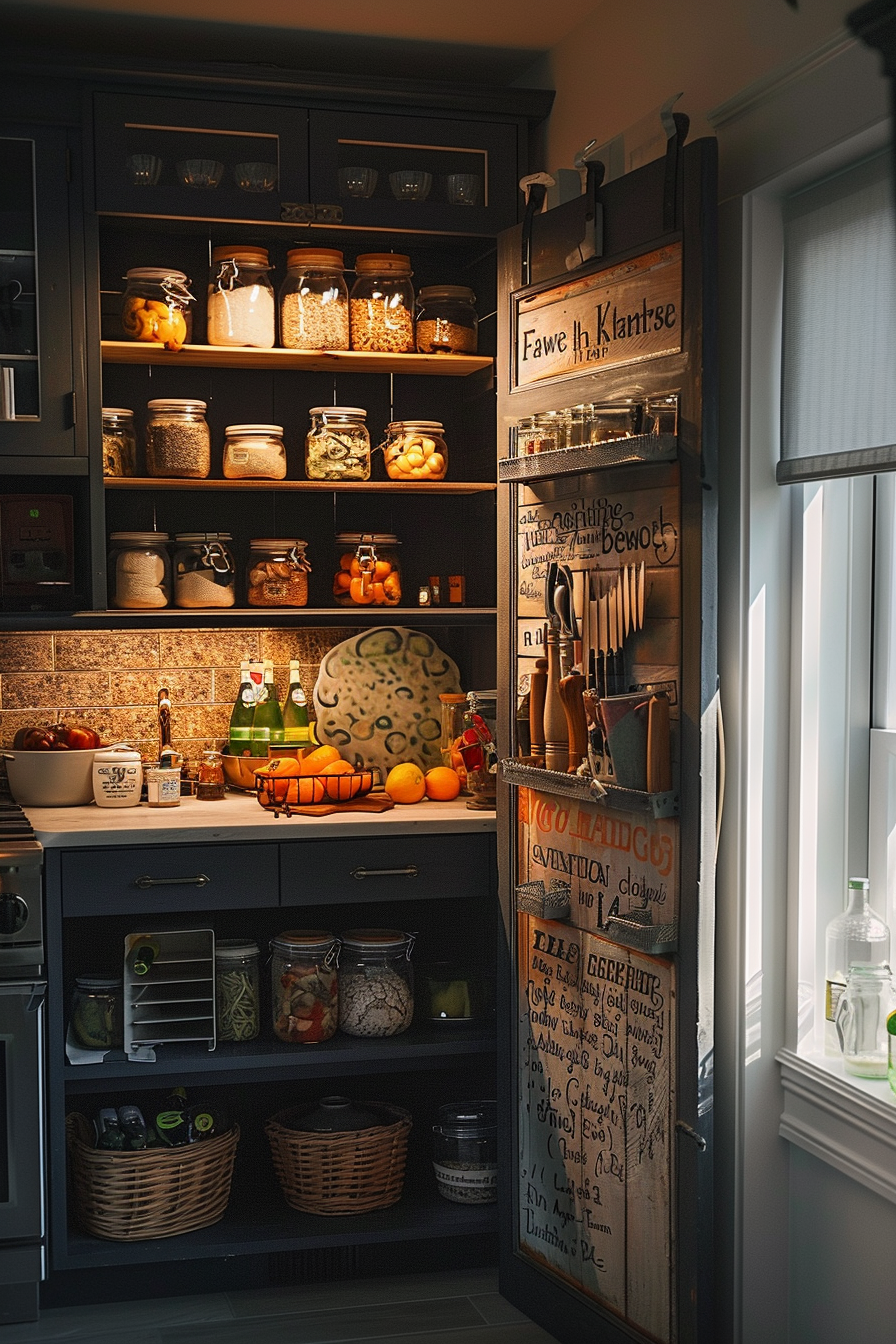 A cozy kitchen pantry with glass jars on shelves, fresh fruits on the counter, and hanging utensils on a chalkboard door.