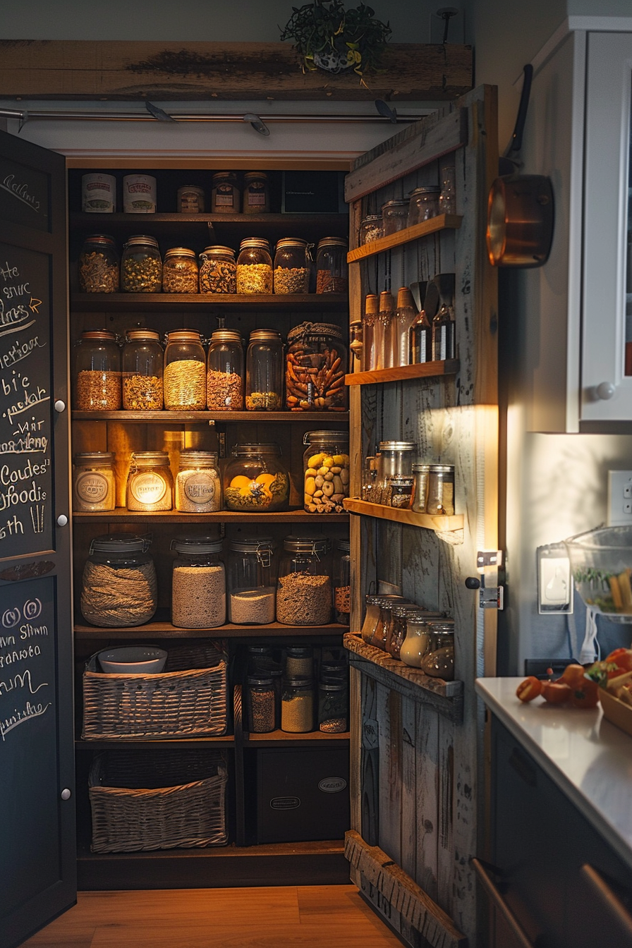 A cozy, well-organized pantry with various jars of dry goods on wooden shelves, lit by warm ambient light.