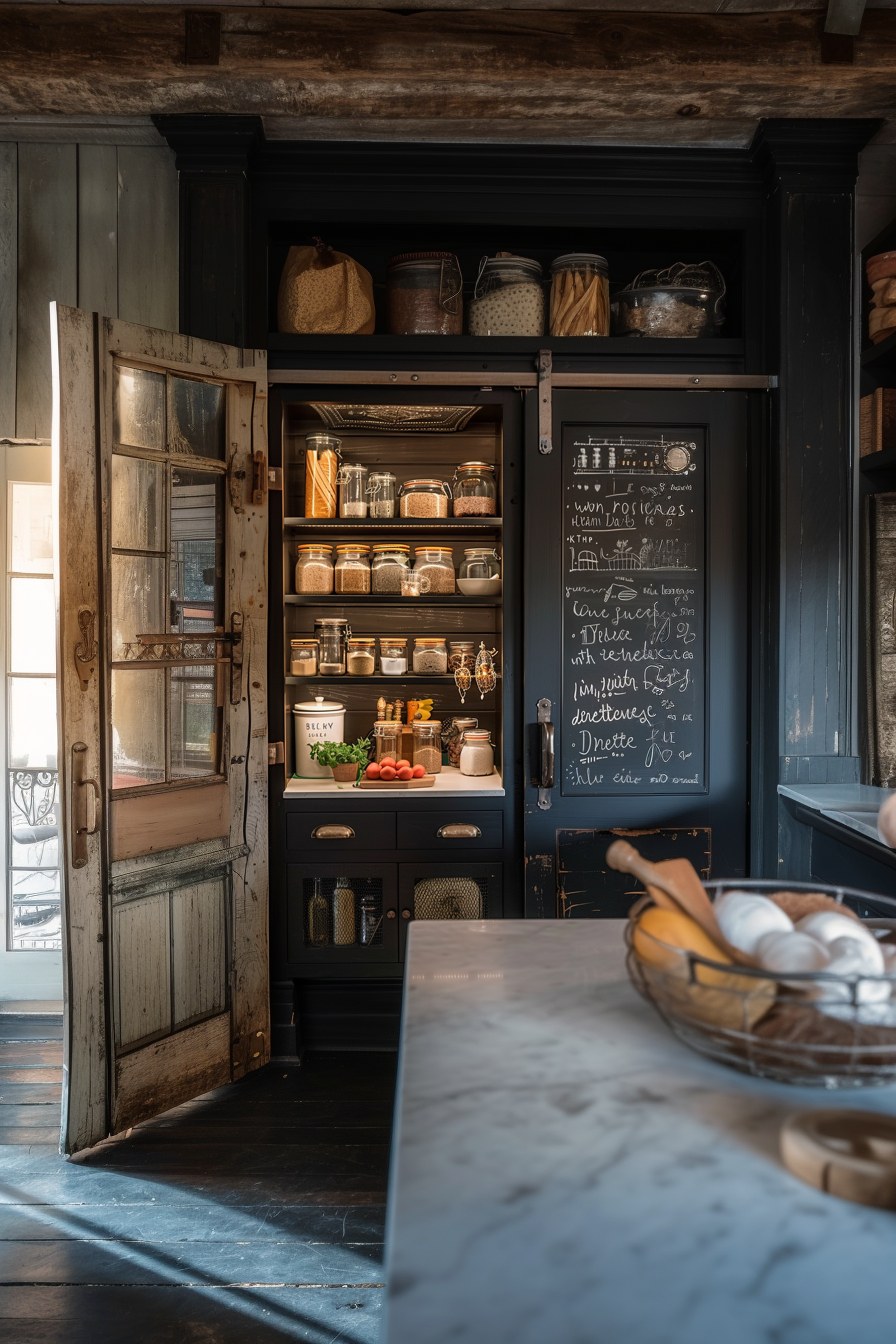 Rustic pantry with an open door showing organized glass jars on shelves and chalkboard with writing inside a kitchen with vintage vibes.