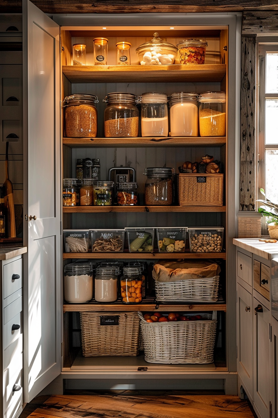 A well-organized pantry with labeled jars and baskets filled with various dry foods and ingredients.