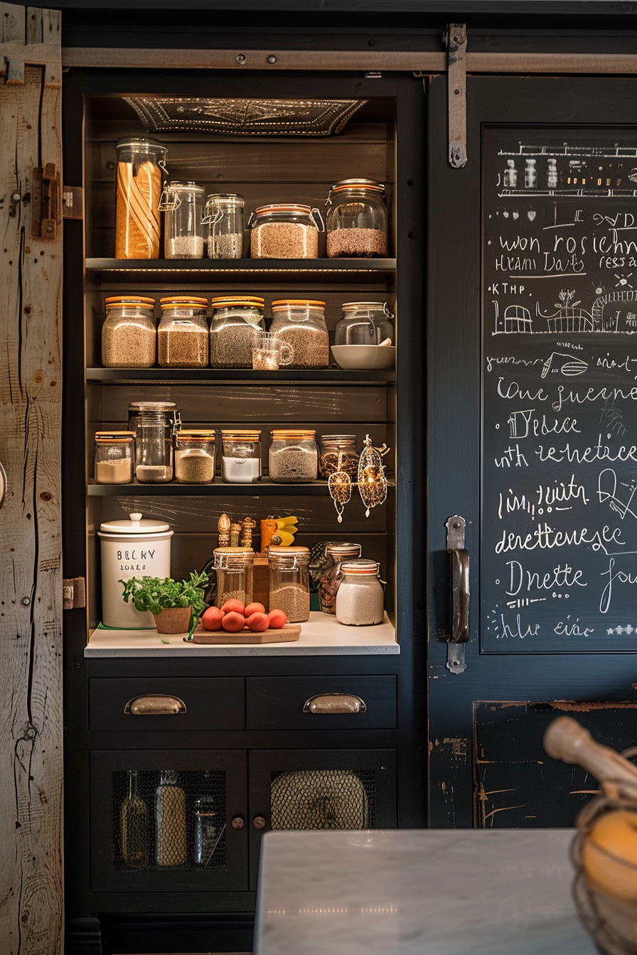 Organized wooden pantry shelves displaying clear jars with various dry foods, next to a chalkboard with handwritten notes.