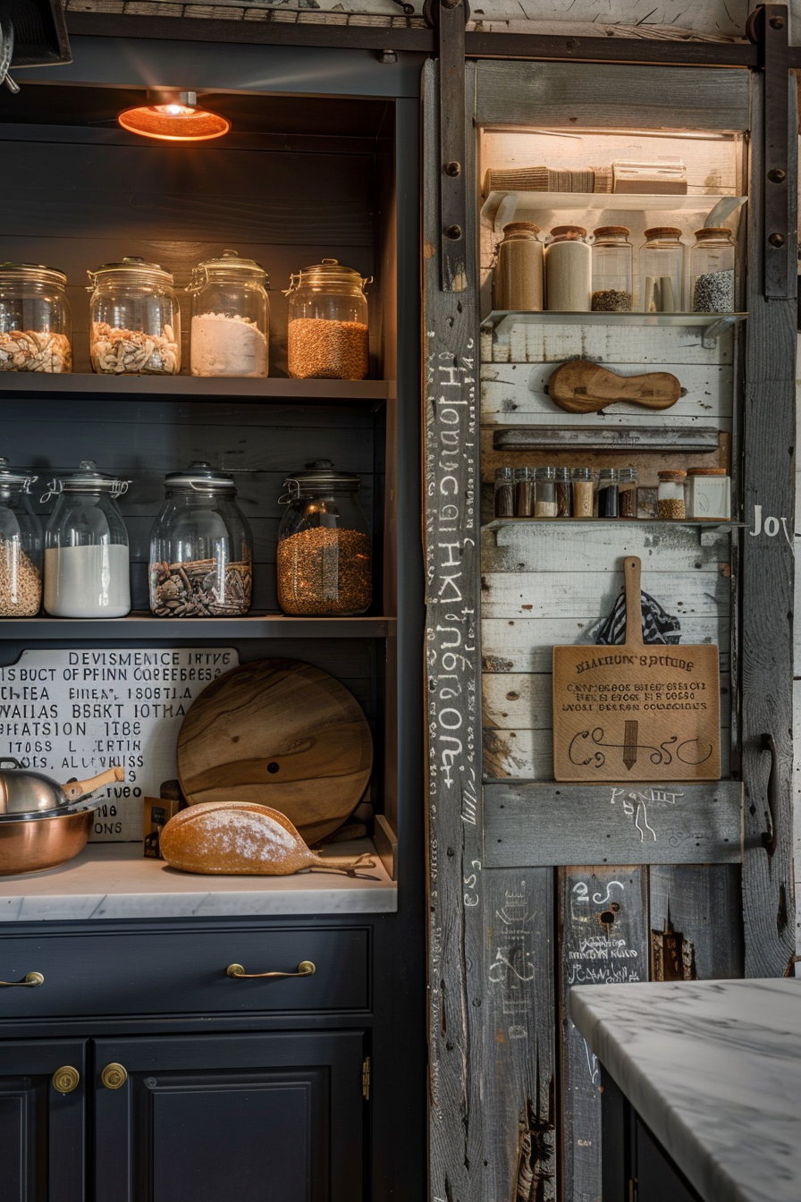 A rustic kitchen pantry with labeled jars on shelves, wooden utensils, and text decor on cupboard doors under warm lighting.