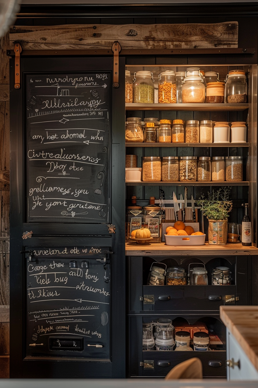 A cozy pantry with neatly organized jars on wooden shelves and a rolling blackboard with handwritten chalk notes.