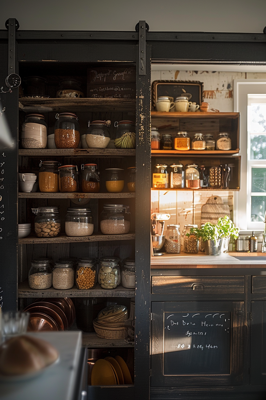 Rustic kitchen pantry with labeled jars of dry goods, dishes, and herb plants on wooden shelves, illuminated by warm sunlight.