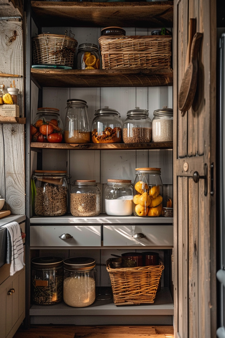 Rustic wooden pantry shelves stocked with glass jars of dry goods, wicker baskets, and a few preserved fruits.