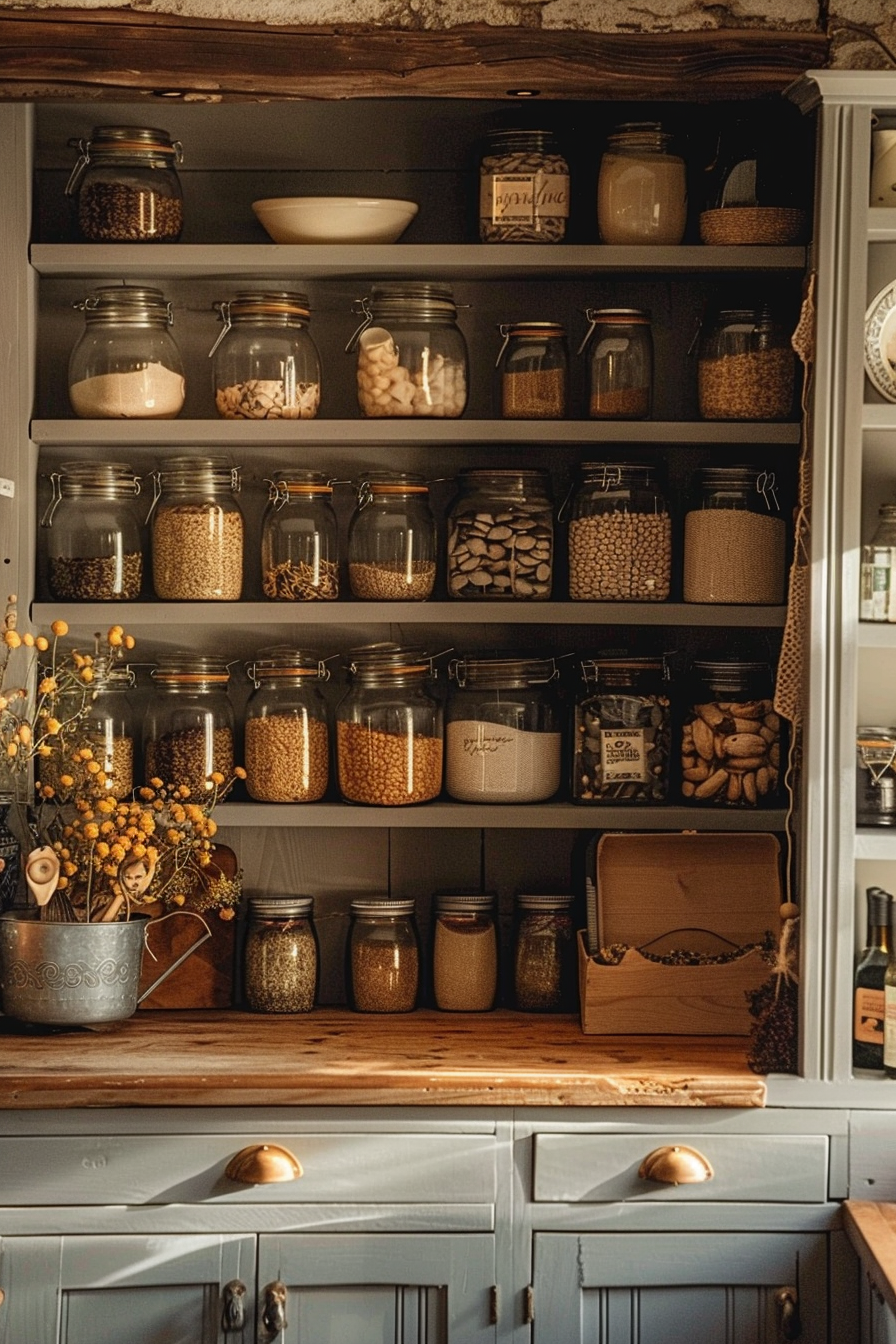 Rustic kitchen cupboard filled with various glass jars containing dried foods and spices, above a wooden counter.