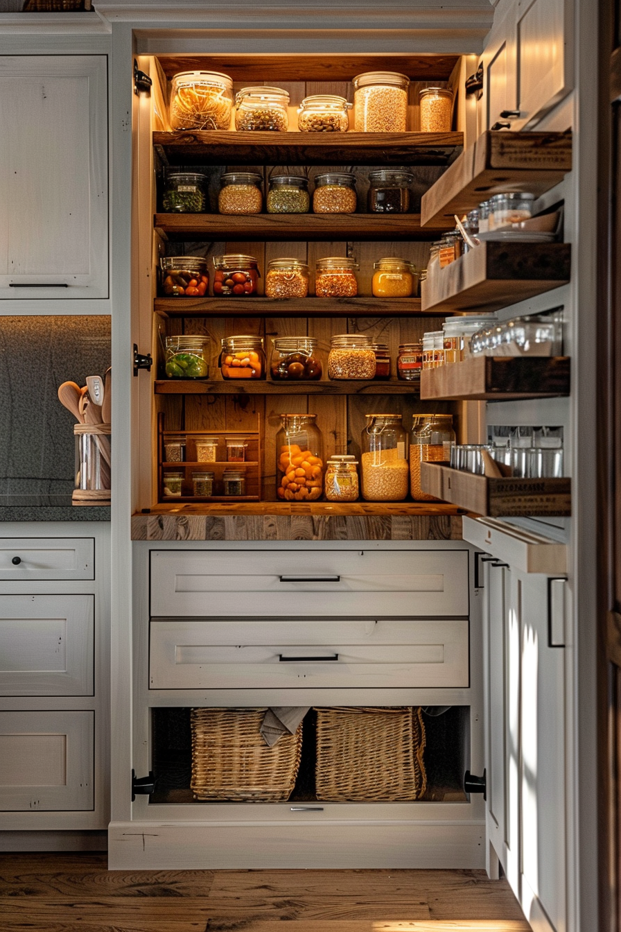 ALT: A well-organized pantry with open shelves displaying jars of dry goods and drawers below holding wicker baskets.