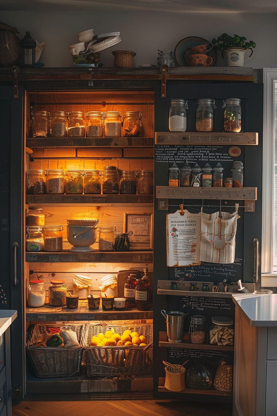 ALT: Cozy kitchen pantry with shelves illuminated by warm lighting, filled with jars of dry goods and baskets of fresh fruit.