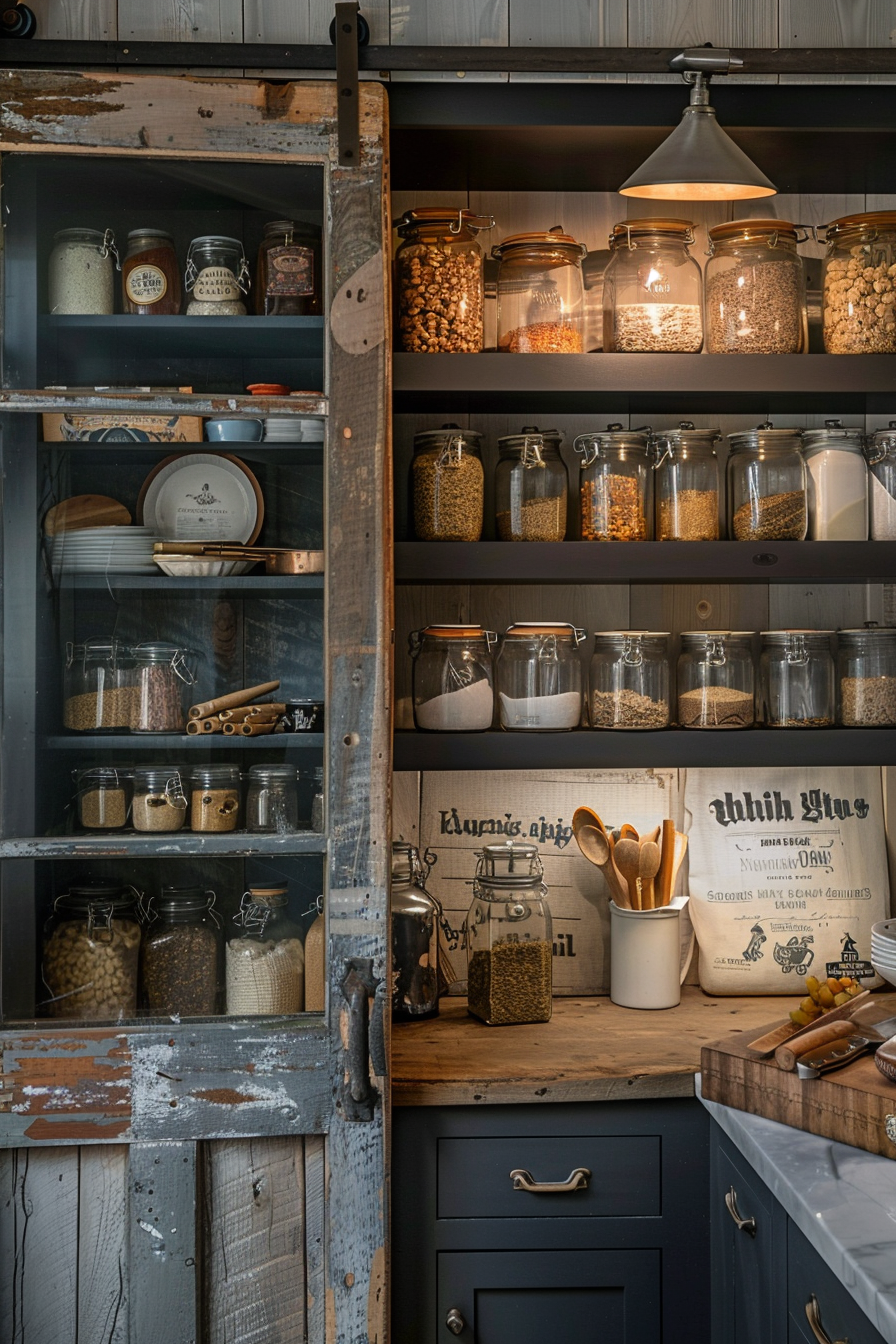 ALT: A rustic kitchen pantry with open shelving stocked with various dry goods in clear glass jars and crockery, showcasing an organized storage.