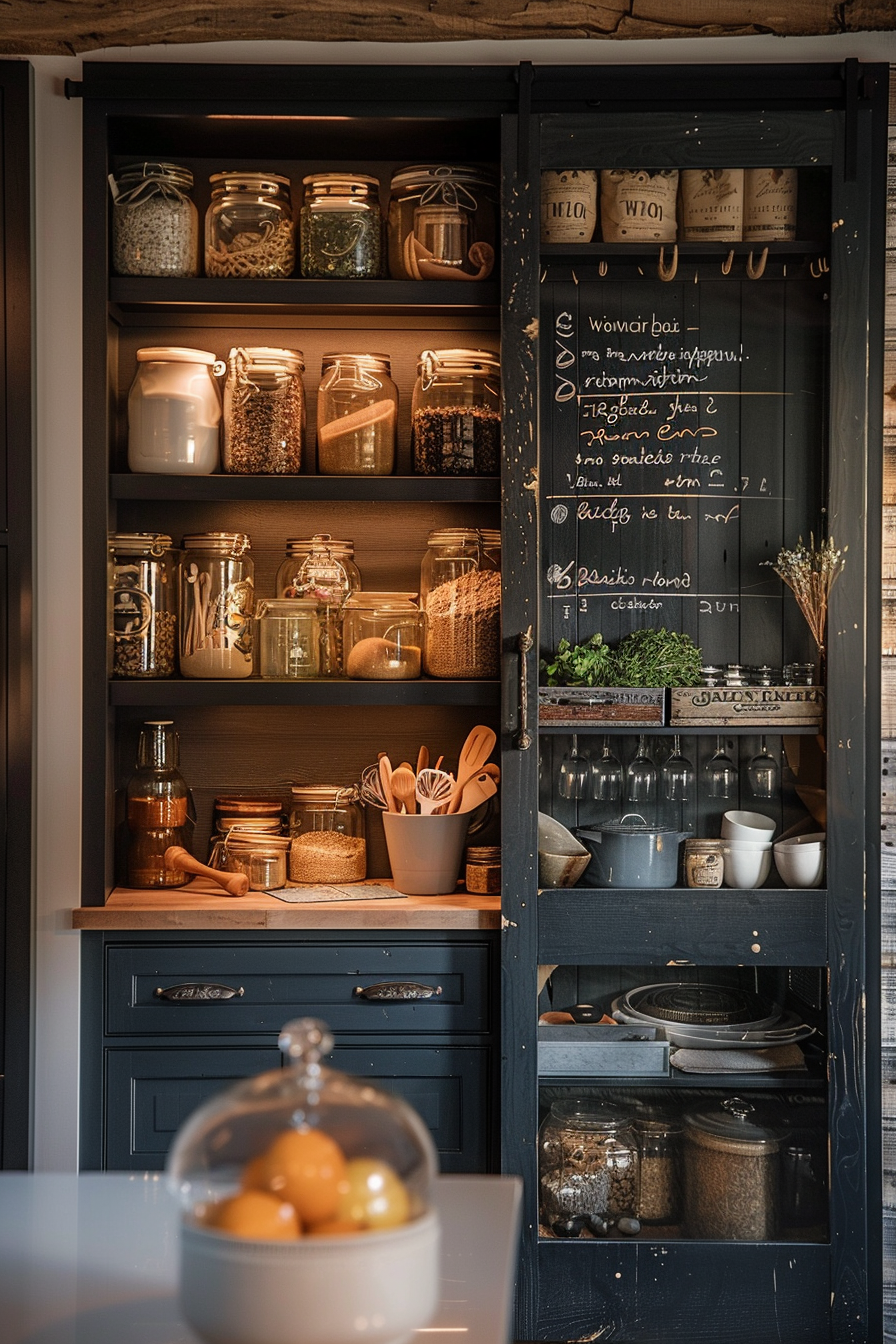 A cozy kitchen pantry with glass jars of dry goods, wooden utensils, and a chalkboard door with writing. A dish with citrus fruit in the foreground.