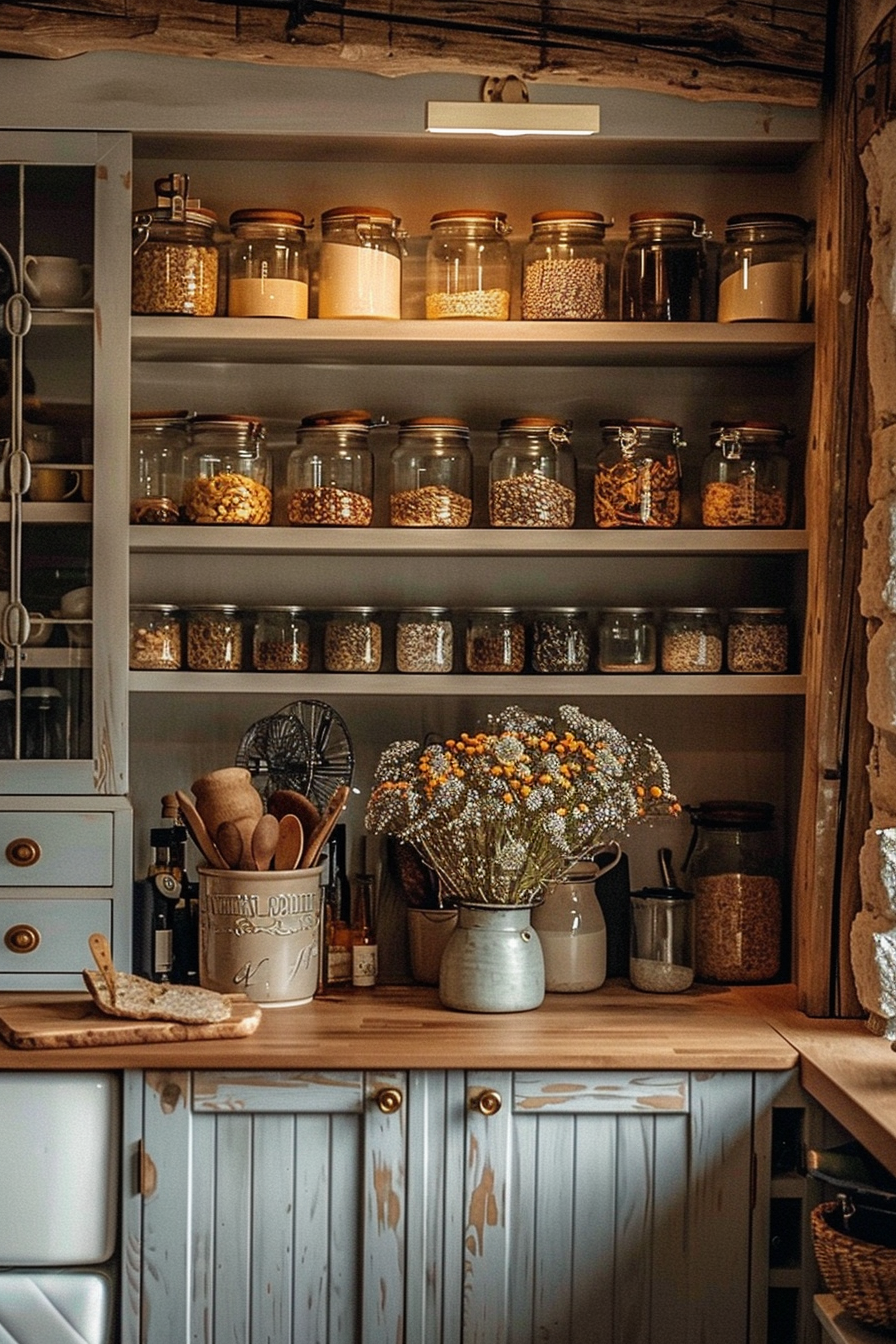 A cozy rustic kitchen corner with open shelves filled with glass jars of various dry foods, a bouquet of flowers, and cooking utensils.