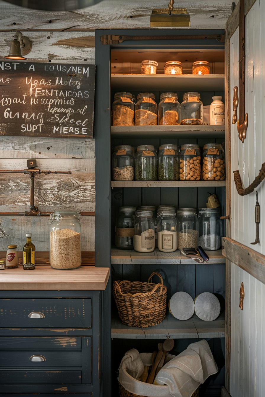 Rustic pantry with wooden shelves stocked with jars of dry goods, a woven basket, and cooking utensils, conveying a cozy, homestead vibe.