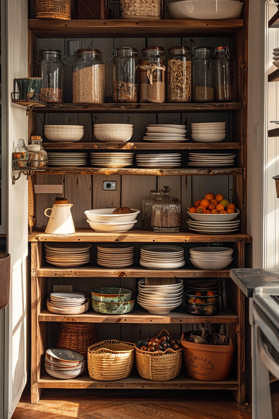A warmly lit pantry with organized shelves displaying various dry goods in jars, stacked plates, bowls, and woven baskets with fruits.