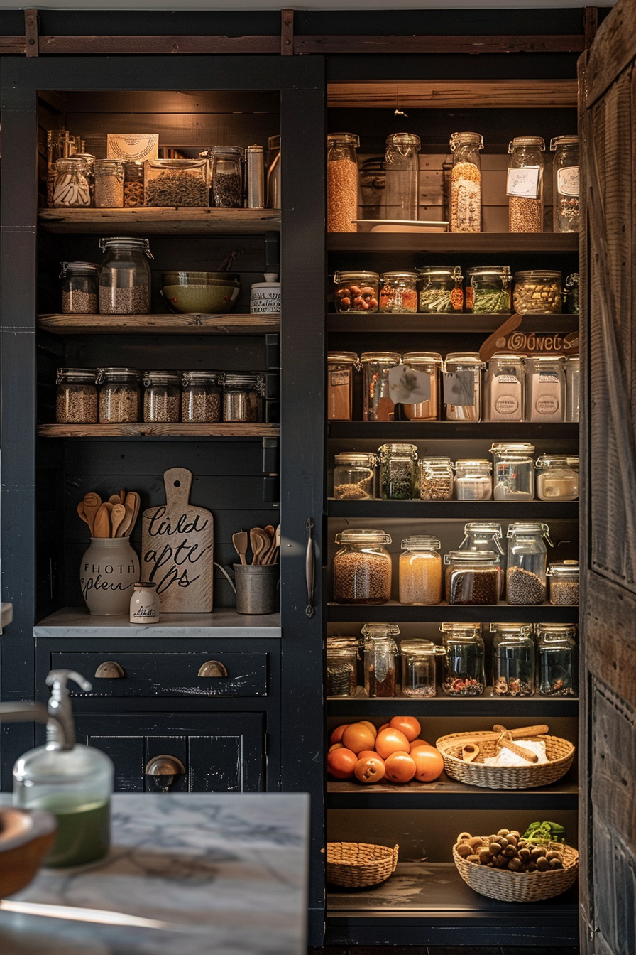 A rustic pantry with shelves stocked with various labeled jars of dry goods, wooden utensils, and baskets of fresh produce.