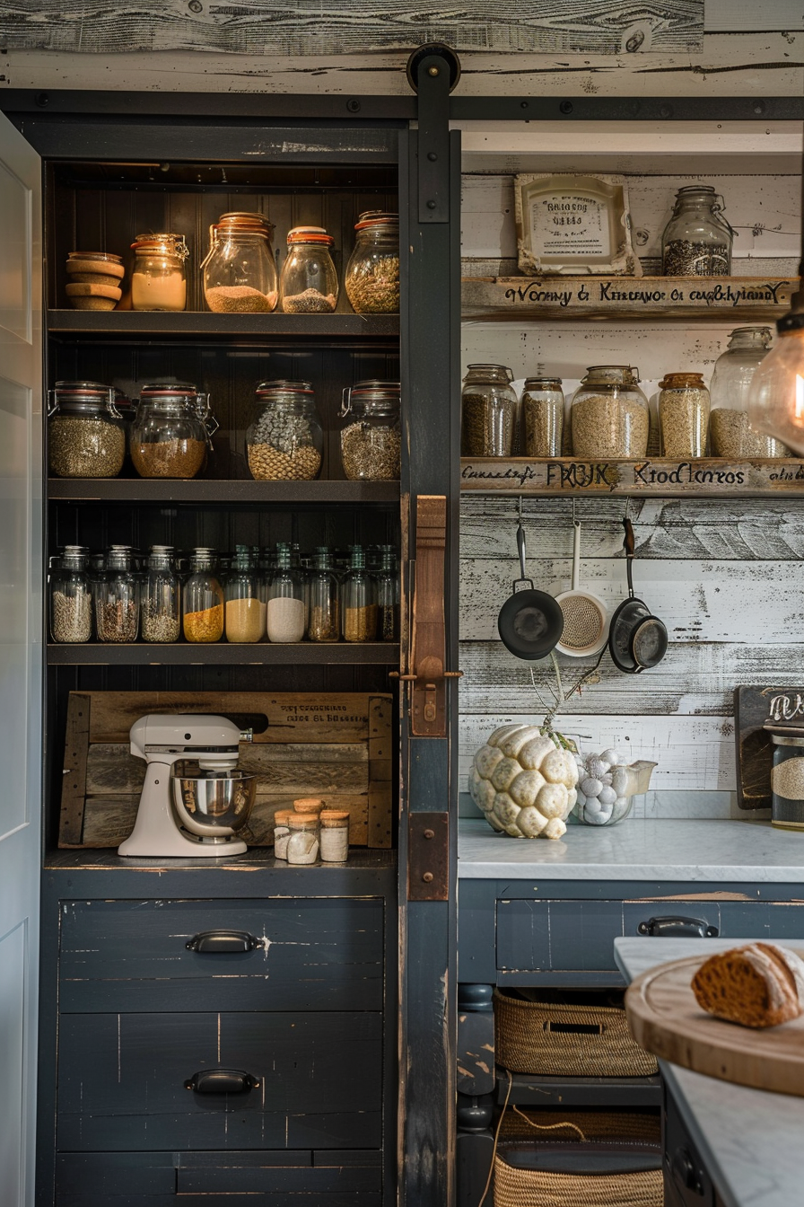 Rustic kitchen pantry with jars of dry goods on shelves, a mixer, hanging pans, and a pumpkin on the counter.