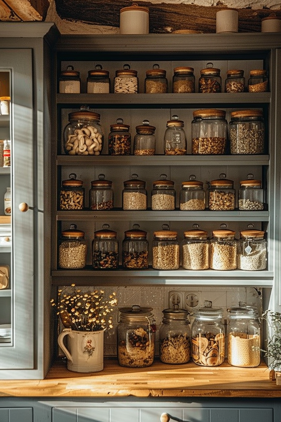 A cozy kitchen shelf filled with various glass jars of dry food ingredients, like grains, nuts, and pasta.