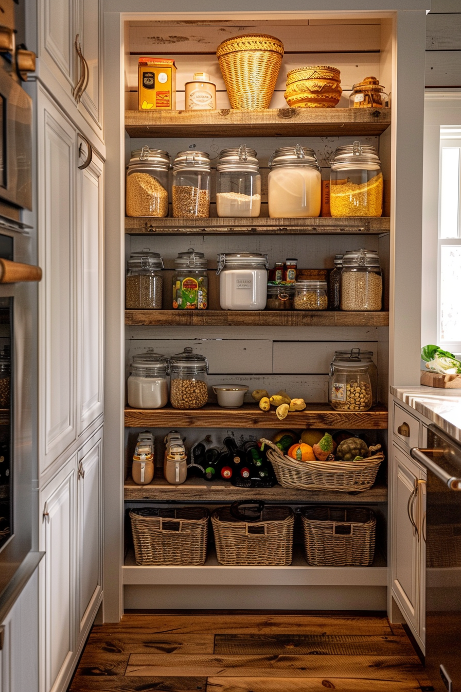 A well-organized pantry with clear jars of dry goods, baskets of fresh produce, and woven containers on wooden shelves.