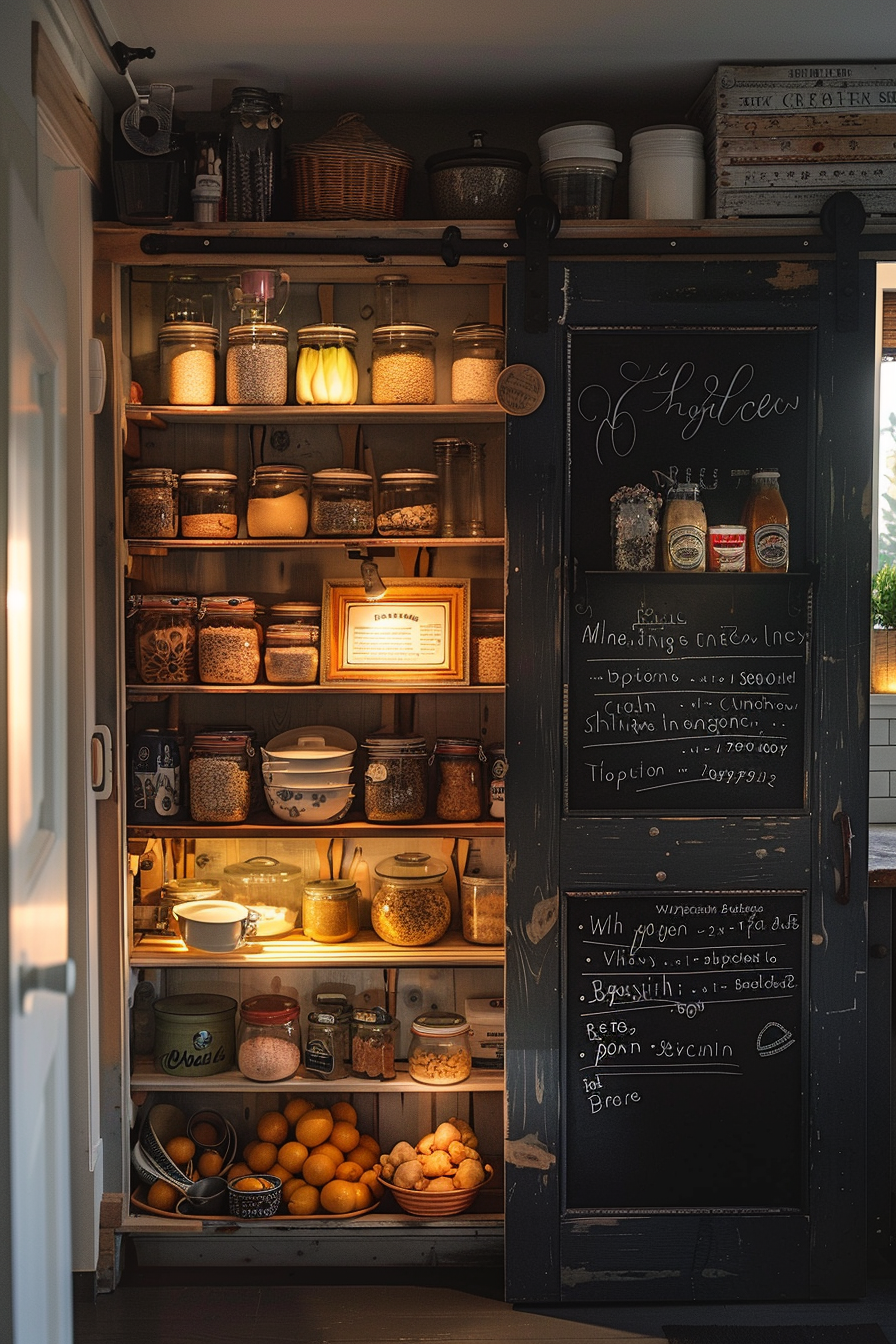A cozy pantry with neatly organized jars of grains, an open sliding door with chalkboard writing, and shelves with kitchenware.
