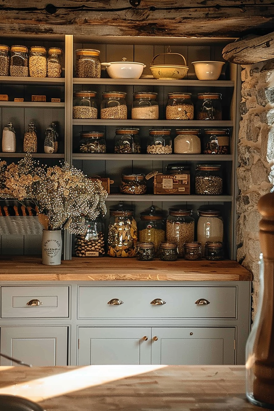 A cozy rustic kitchen corner with shelves full of glass jars of various dry goods, bowls, and a bouquet of dried flowers.