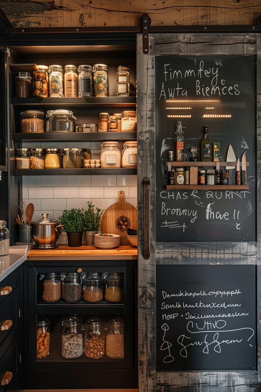 A well-organized pantry with labeled jars on shelves, next to a chalkboard with handwritten notes.
