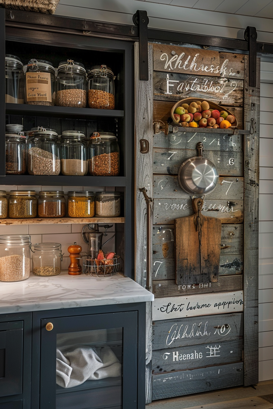 A rustic pantry with glass jars on shelves, a sliding barn door with chalk writing, and a basket of eggs on a marble countertop.
