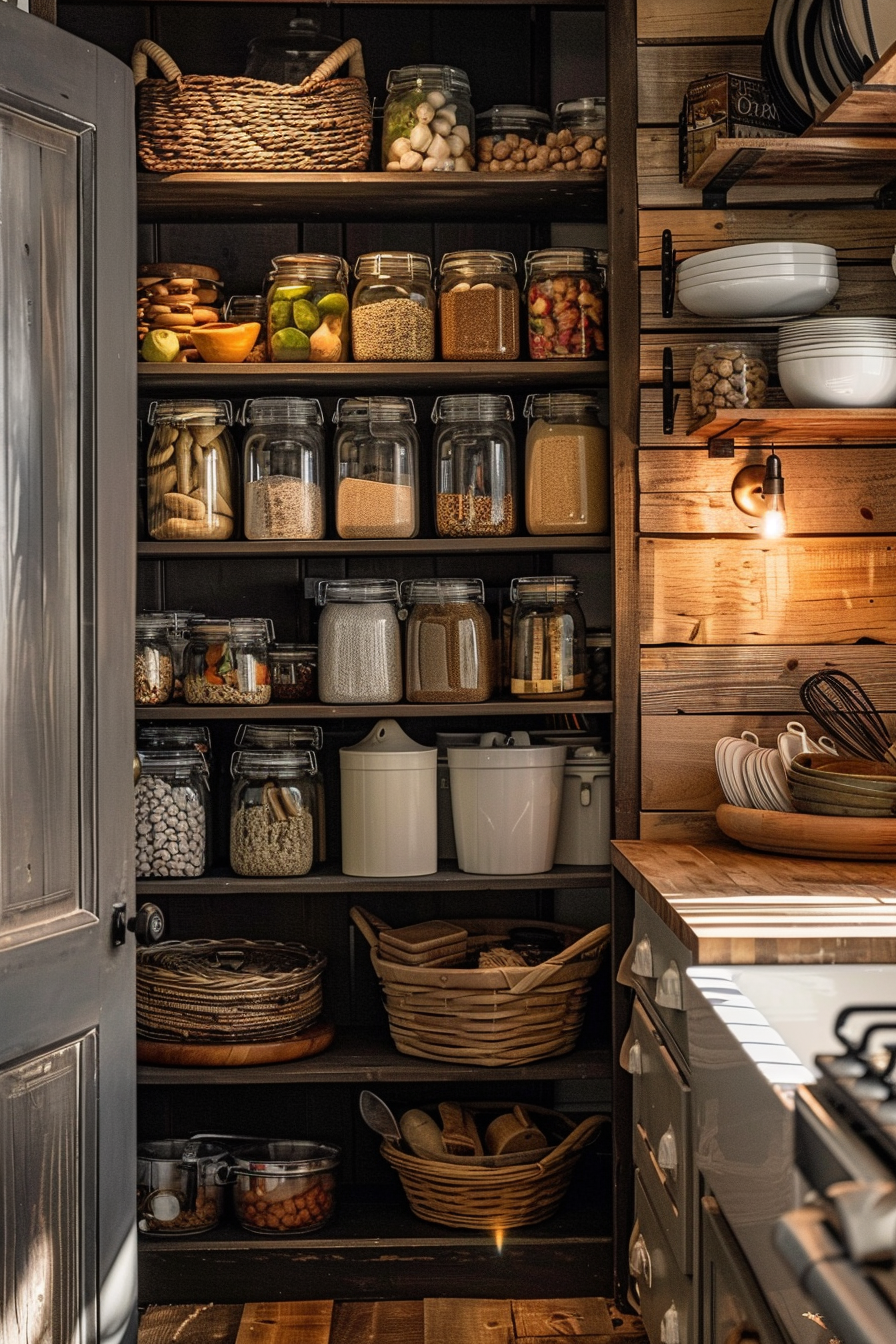 A cozy pantry with well-organized shelves, filled with glass jars of dry goods and woven baskets, illuminated by warm light.