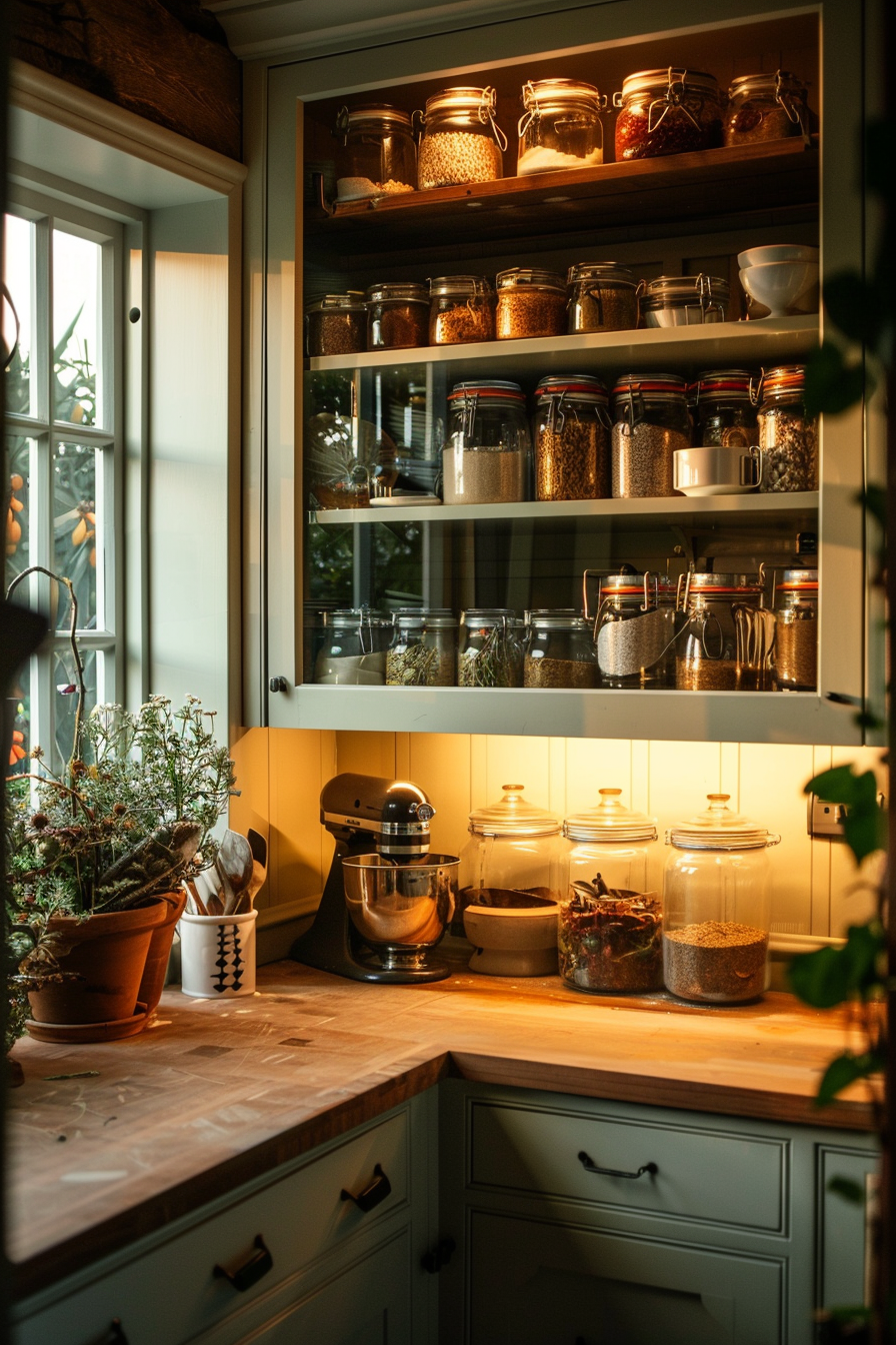 Cozy kitchen corner with wooden countertops, a variety of glass jars on shelves, and a stand mixer. Warm lighting sets a homey atmosphere.