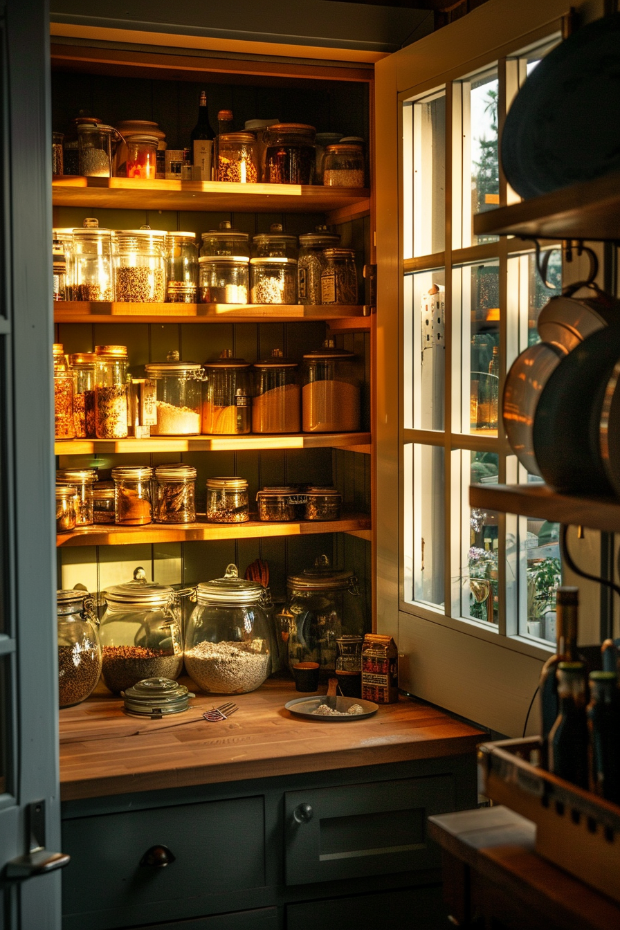A cozy pantry with shelves filled with glass jars of dry food, warmly lit by the glow of dusk through a window.