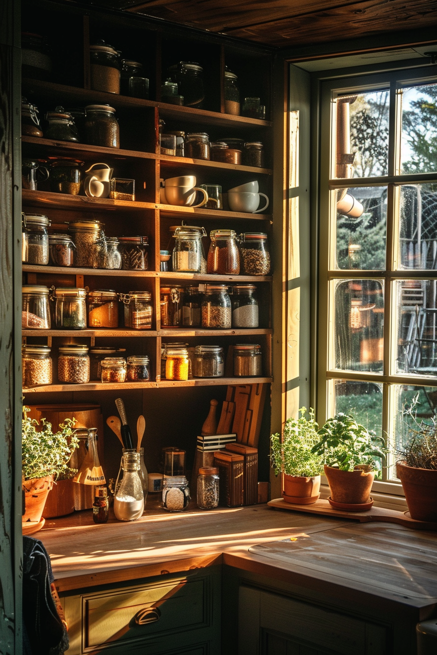 A cozy kitchen corner with sunlight streaming through the window, highlighting shelves of jars and potted herbs on the counter.