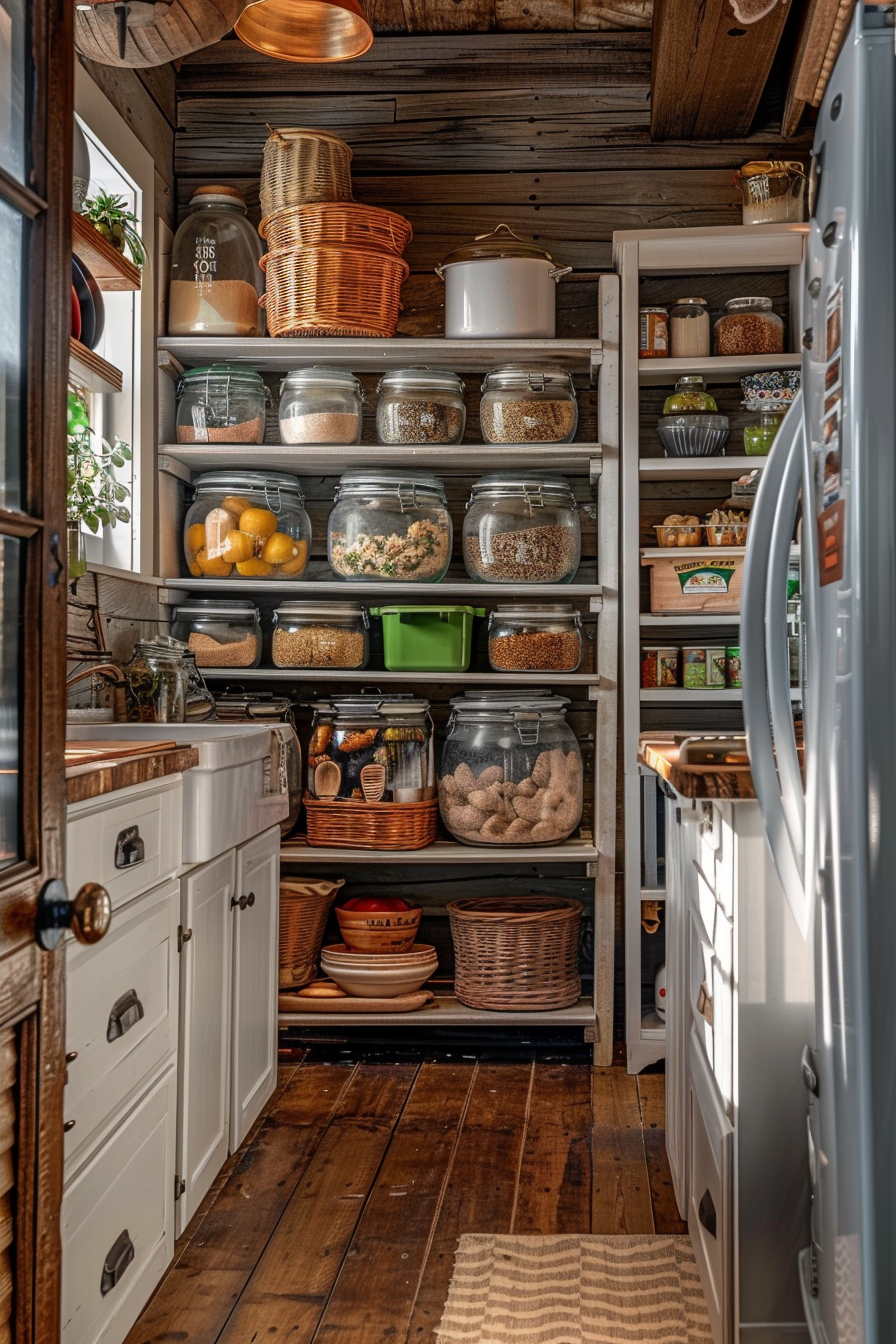 A cozy pantry with wooden shelves stocked with jars of dry goods, baskets, and kitchenware, seen from the doorway.