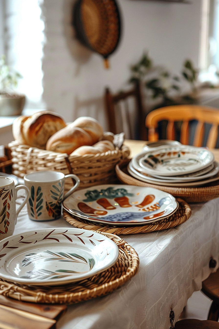 A cozy dining setup with patterned plates on wicker placemats, a basket of fresh bread, and a mug on a table with a lace cloth.